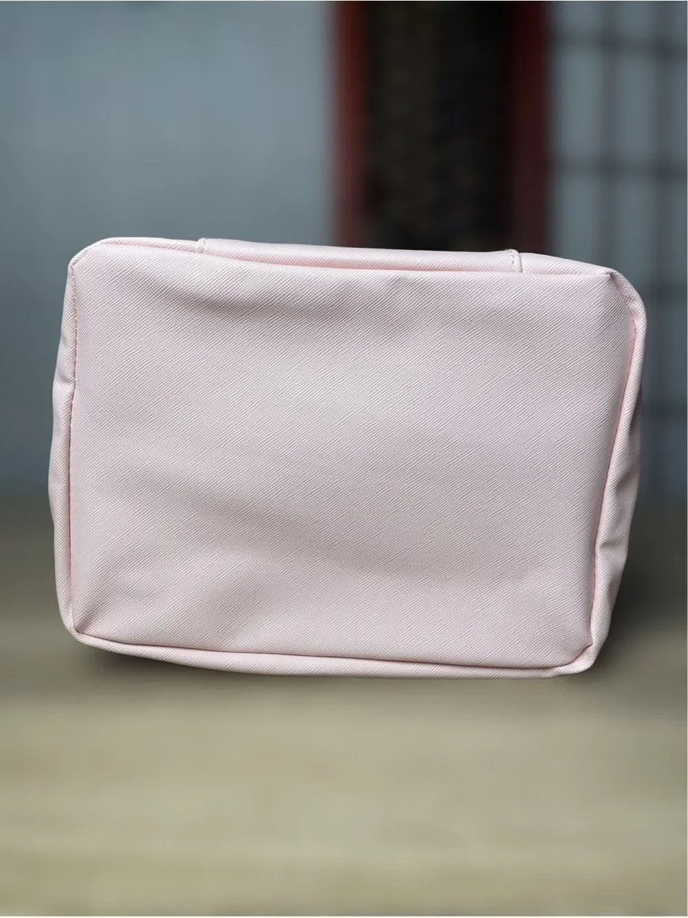 Pink Compact Travel Cosmetic Bag with Top Handle & Gold Hardware - Textured